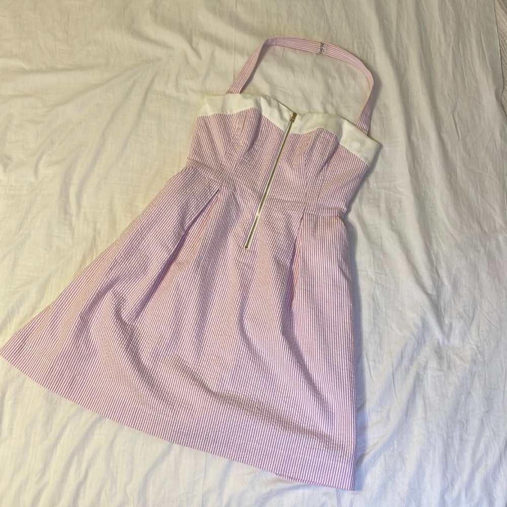 Lilly Pulitzer Marisa Seersucker Pink Halter Mini Dress Summer Striped Zipper